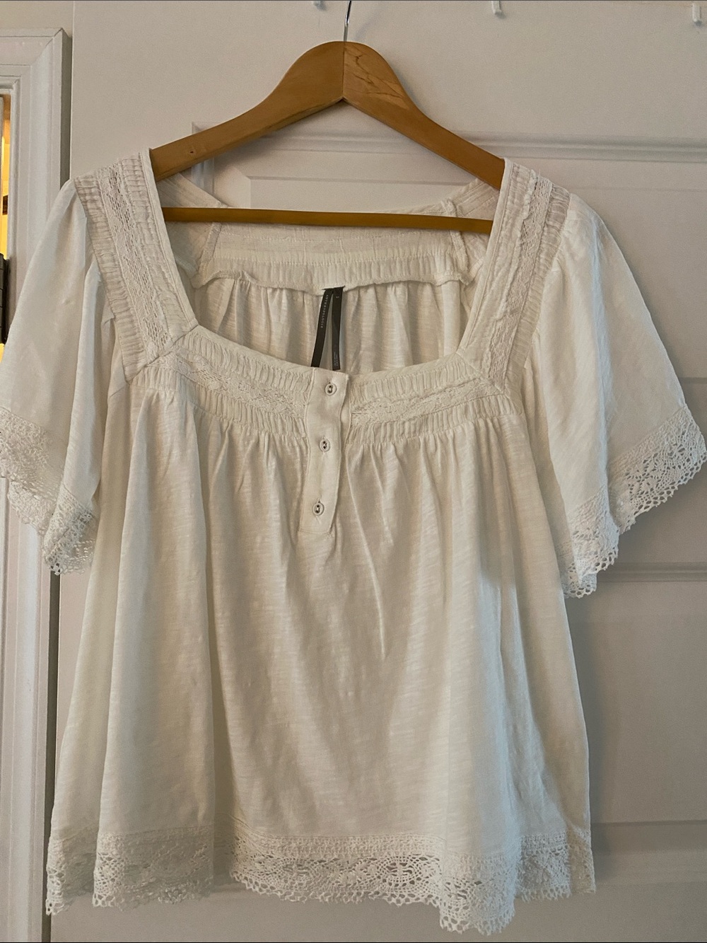 Anthropologie White Lace-Trim Peasant Blouse